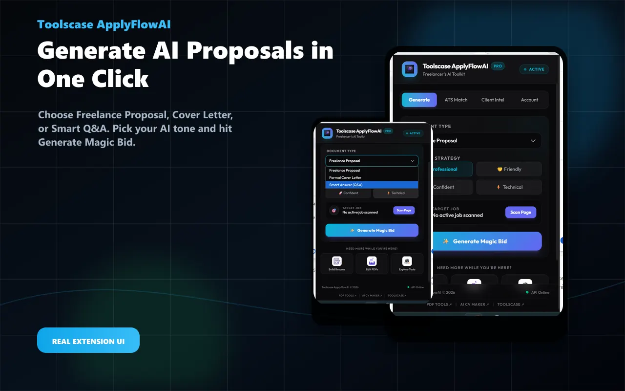 ApplyFlow AI Chrome extension generating customized job proposals and ATS analysis