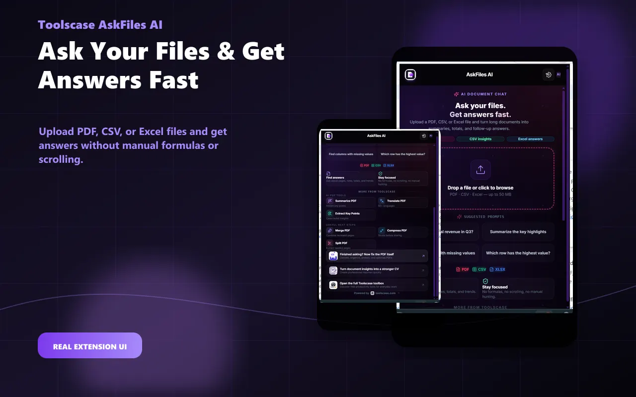 AskFiles AI Chrome extension interface chatting with uploaded PDF and CSV documents