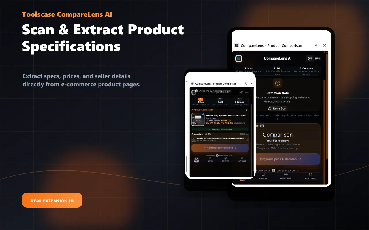 CompareLens AI Chrome extension comparing product specifications and prices