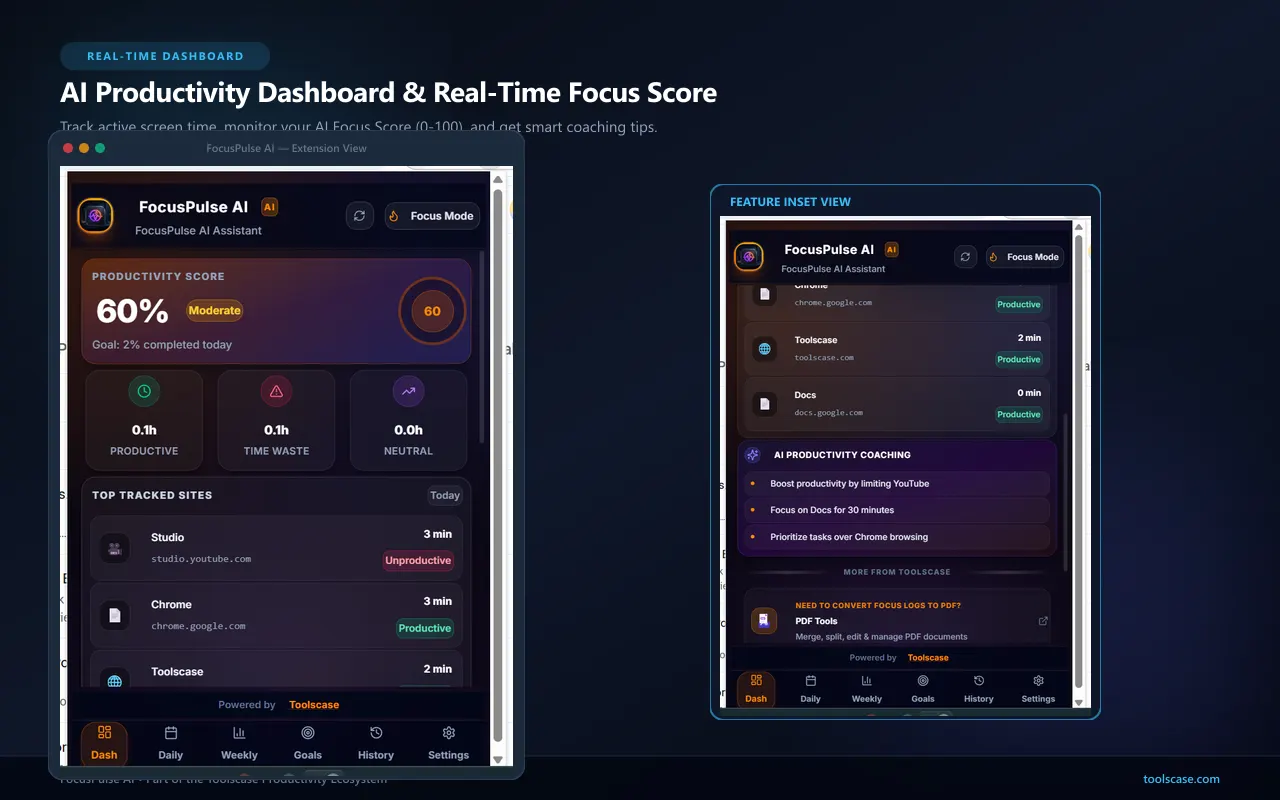 FocusPulse AI dashboard displaying screen time charts and productivity coach insights