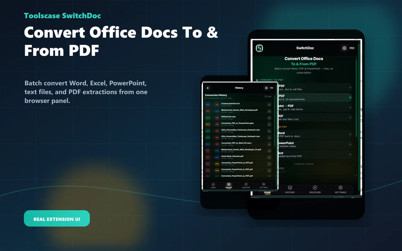 SwitchDoc Chrome extension interface for batch converting Office documents