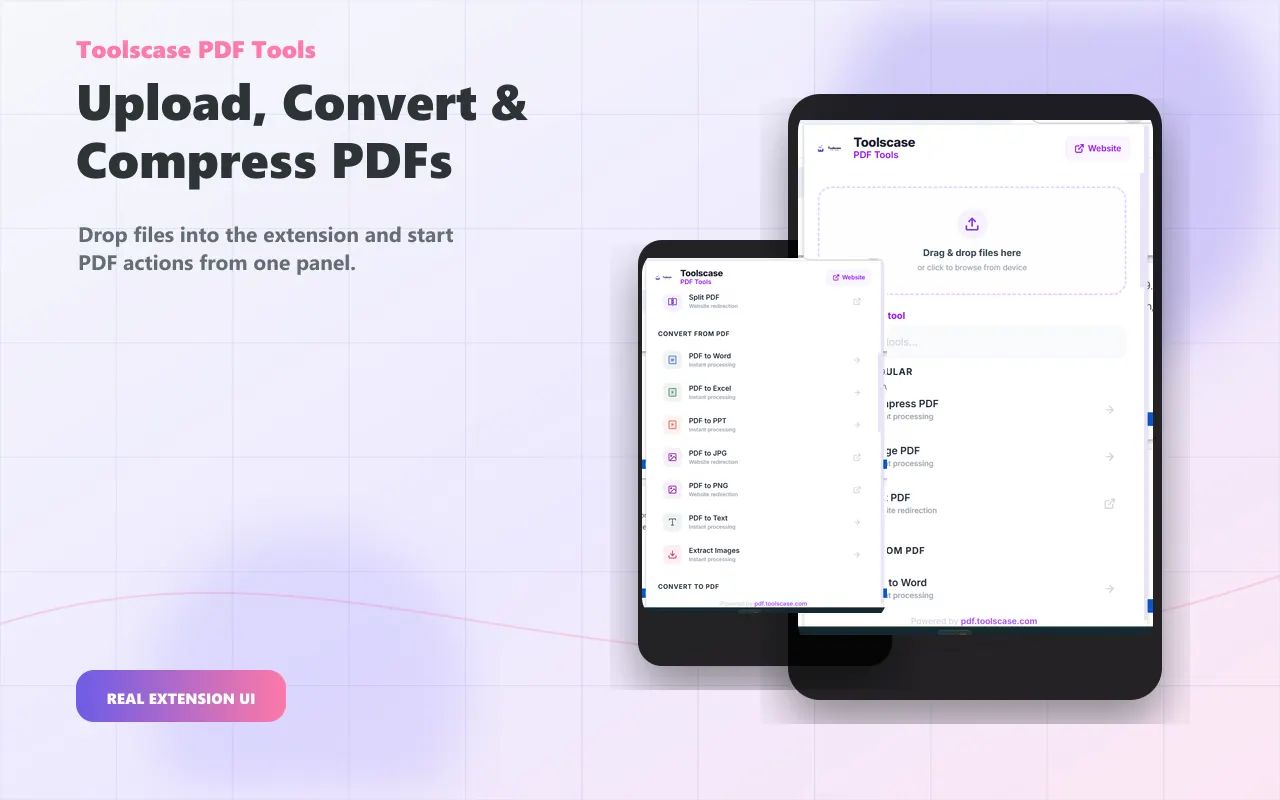 Toolscase PDF Tools extension interface with document conversion actions