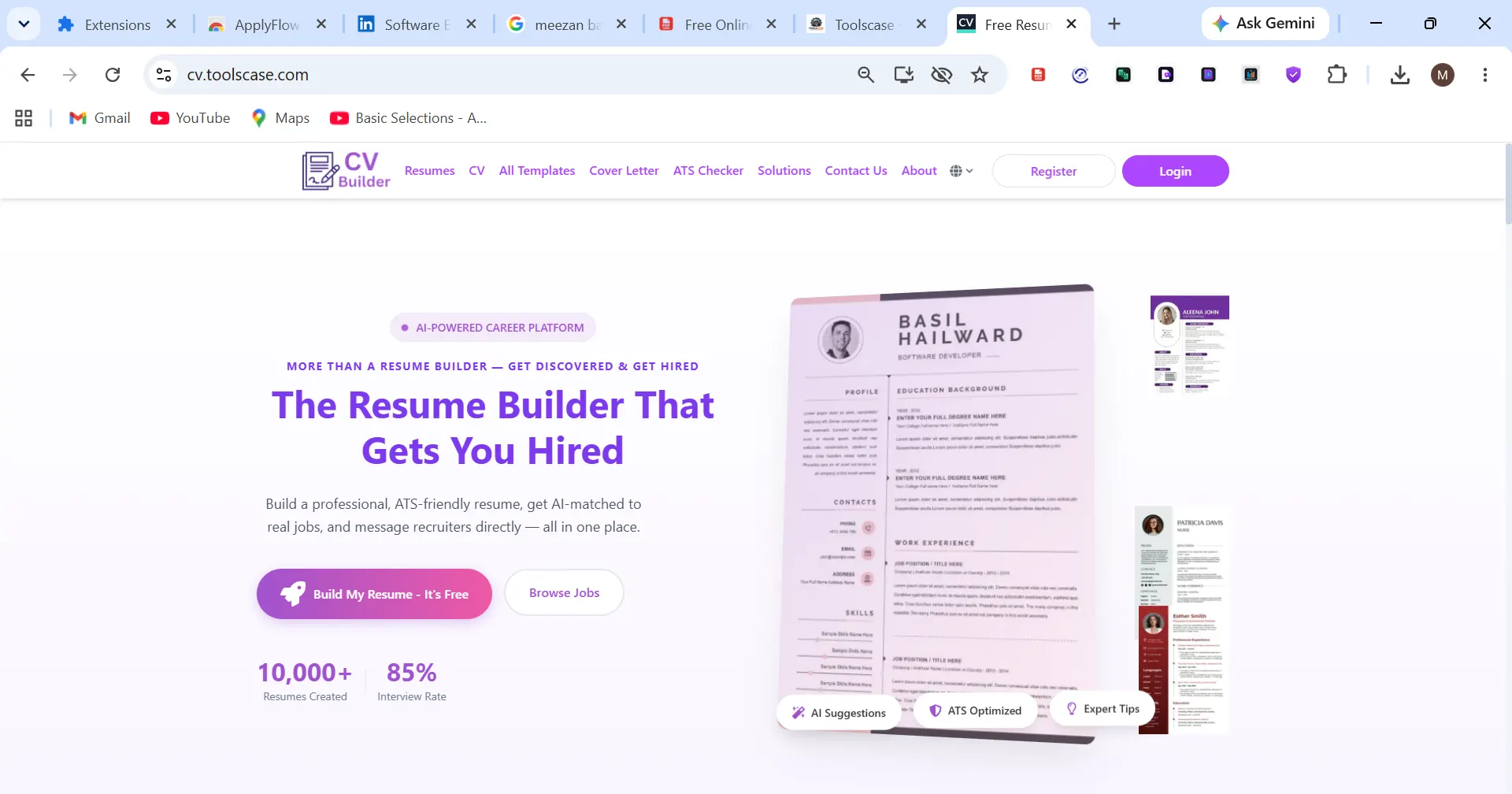 CV Builder platform showing resume templates and live interactive editing canvas