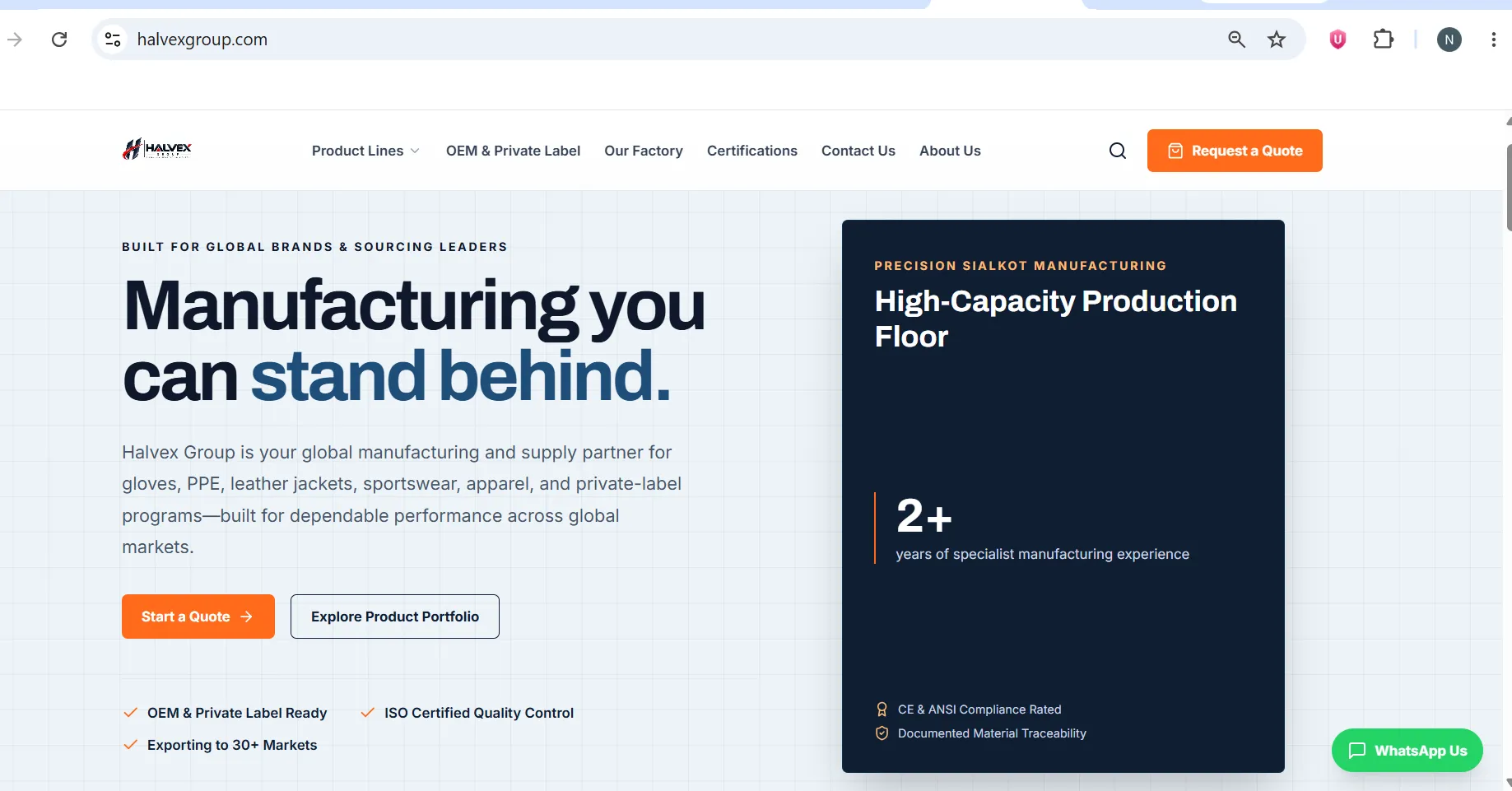 Halvex Group corporate website interface showcasing industrial capabilities and corporate design