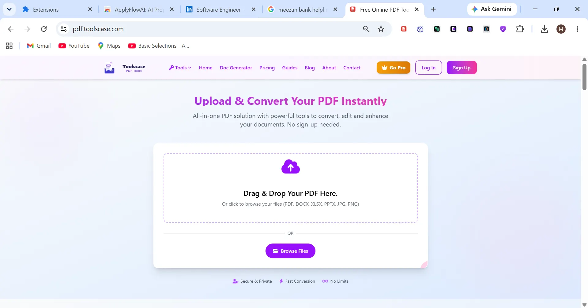 PDFToolBox website interface featuring PDF conversion tools and drag-and-drop workspace