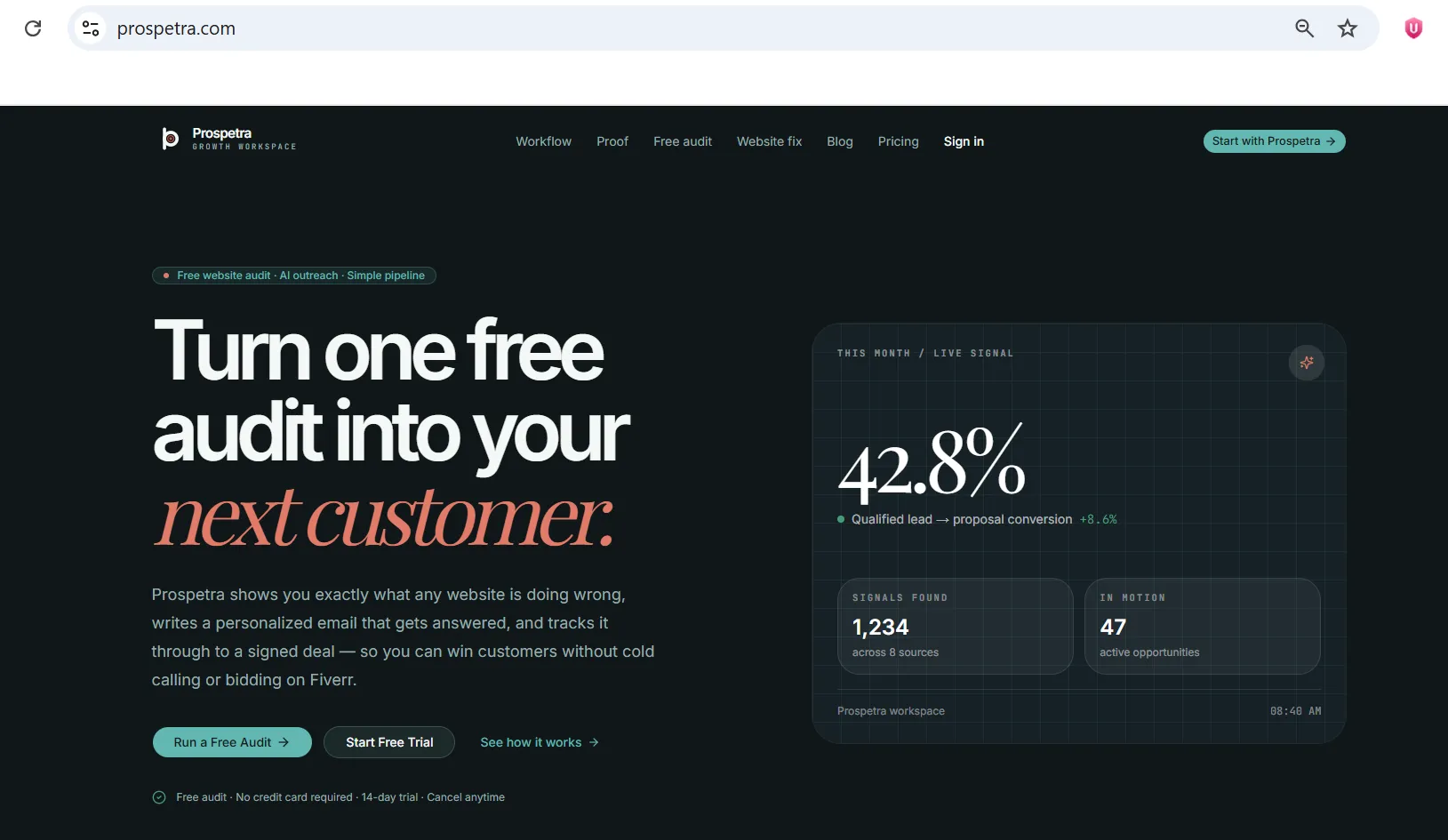Prospetra website interface displaying modern hero section and B2B features