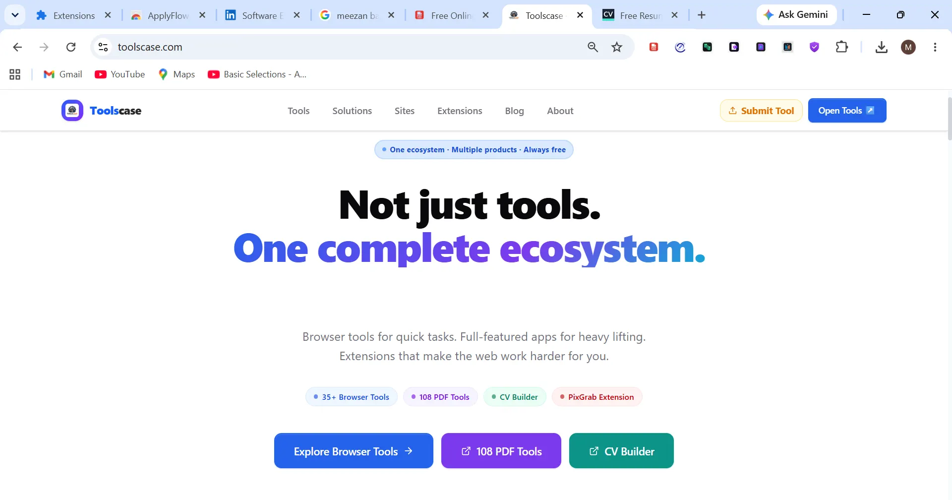 Toolscase platform homepage showing suite of web tools, PDF utilities, and extensions